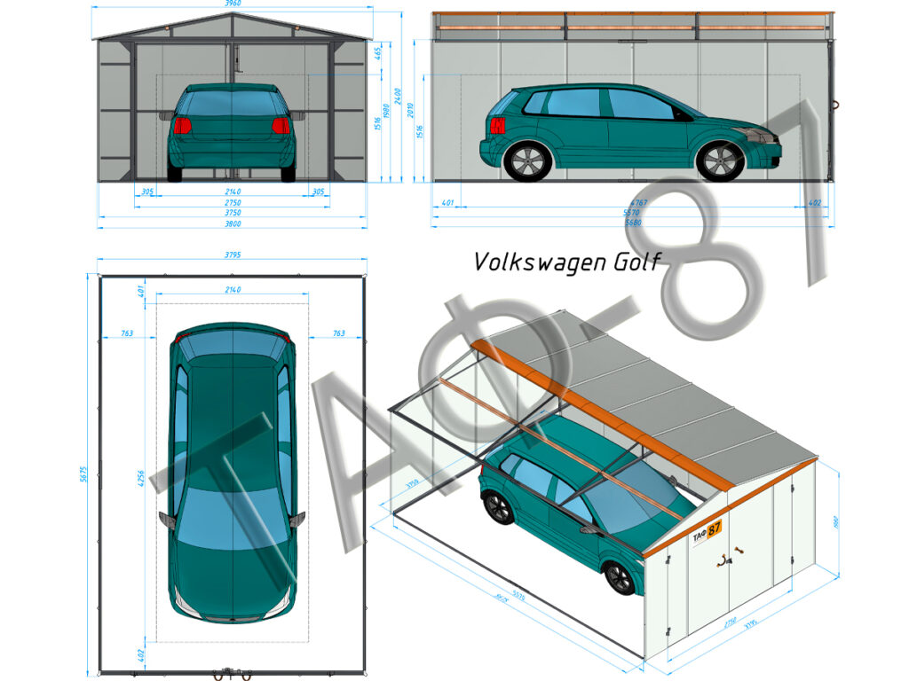 Overall dimensions of the car in the garage